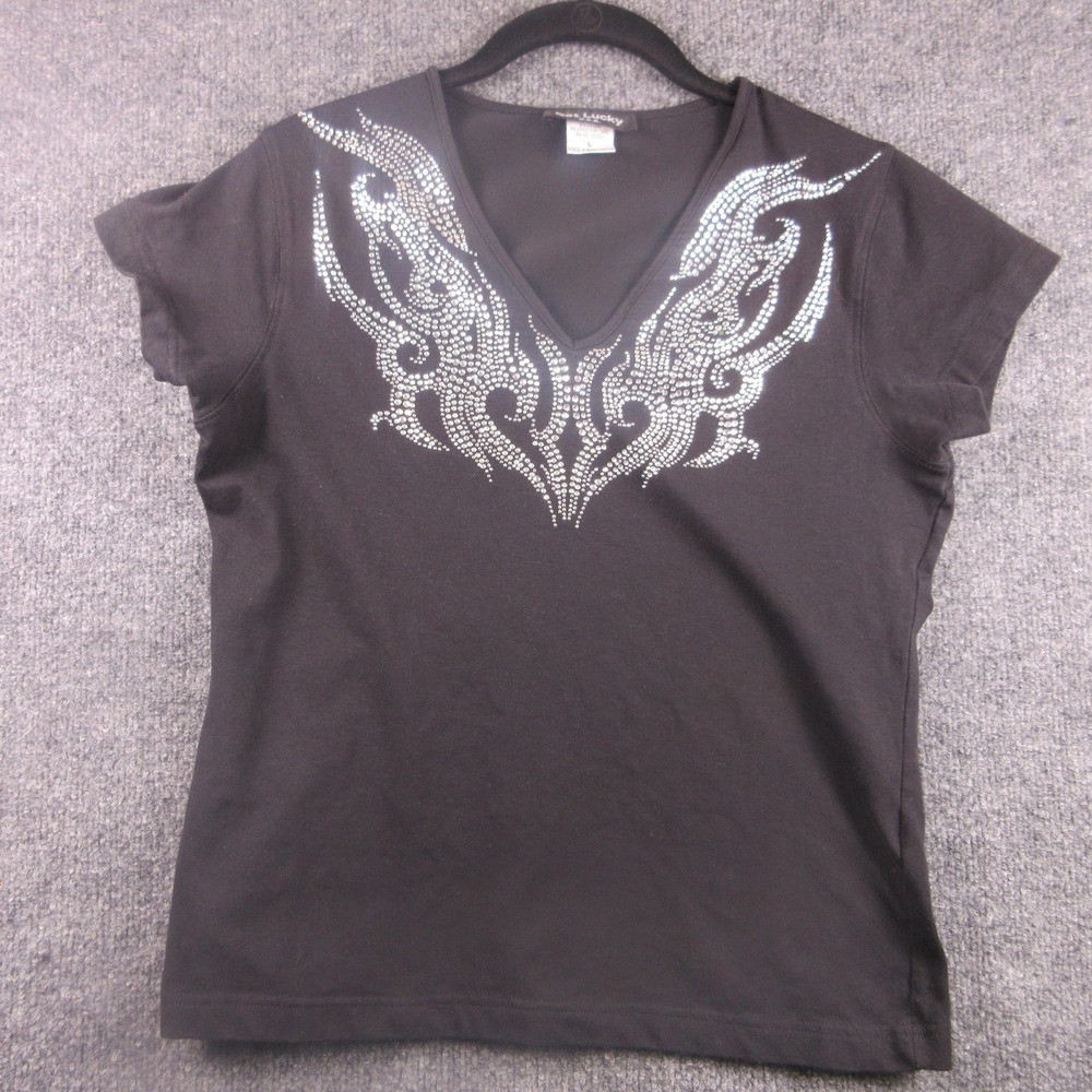Get Lucky Shirt‎ Womens Large Black Rhinestone Tribal V Neck Tee Graphic